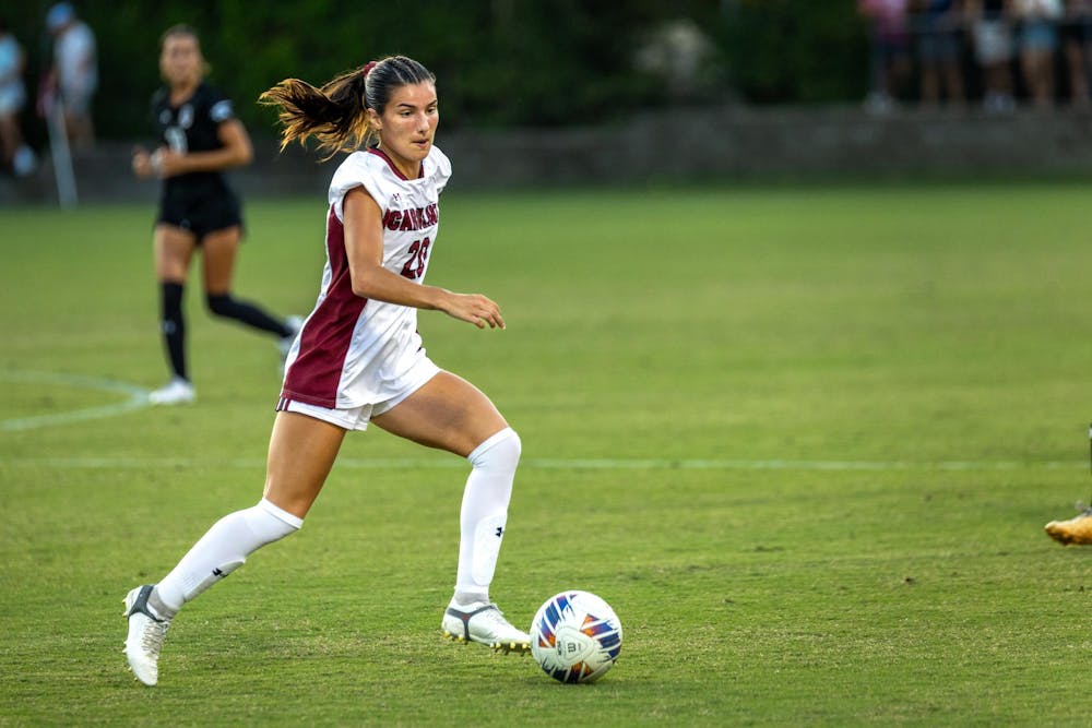 <p>Gamecock fifth-year forward Corinna Zullo dribbles the ball during the South Carolina victory over the College of Charleston at Stone Stadium on Aug. 25, 2024. Zullo scored two goals for the Gamecocks during the team’s 4-1 victory over the Cougars.</p>