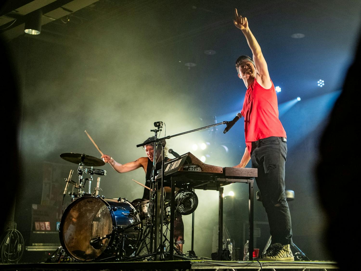 &nbsp;Kim Schifino (left) and Matt Johnson (right) hype up the crowd at a concert at The Senate. Matt and Kim is known for its upbeat dance music.