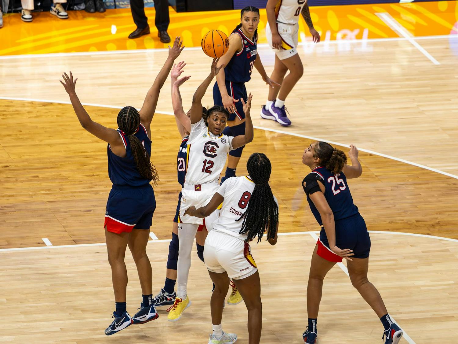 Sophomore guard MiLaysia Fulwiley loses possession of the ball while jumping around a group of UConn defenders on April 6, 2025 at Amalie Arena. Fulwiley scored 9 points in 18 minutes played for the Gamecocks.