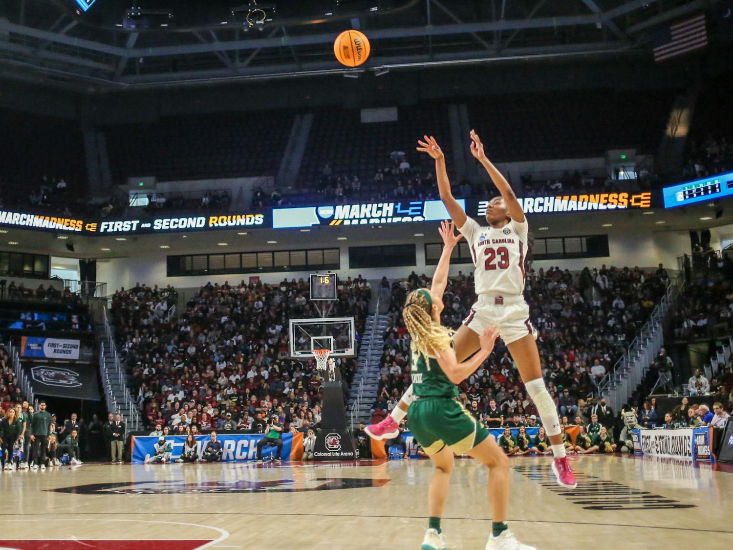 Sophomore guard Bree Hall goes for a jump shot during South Carolina’s game against South Florida in round two of the NCAA tournament at Colonial Life Arena on March 19, 2023. The Gamecocks defeated the Bulls 76-45.