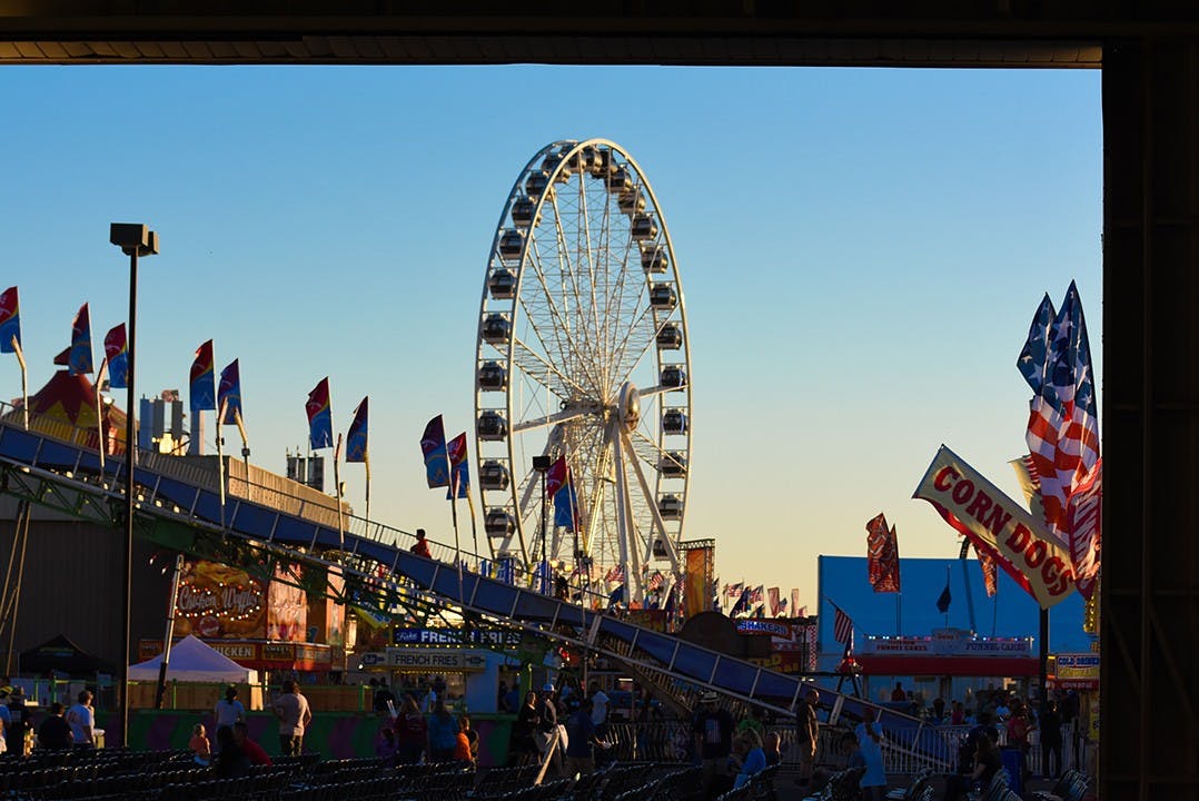 The Ferris wheel at the South Carolina State Fair sits prominently among the rest of the rides.&nbsp;