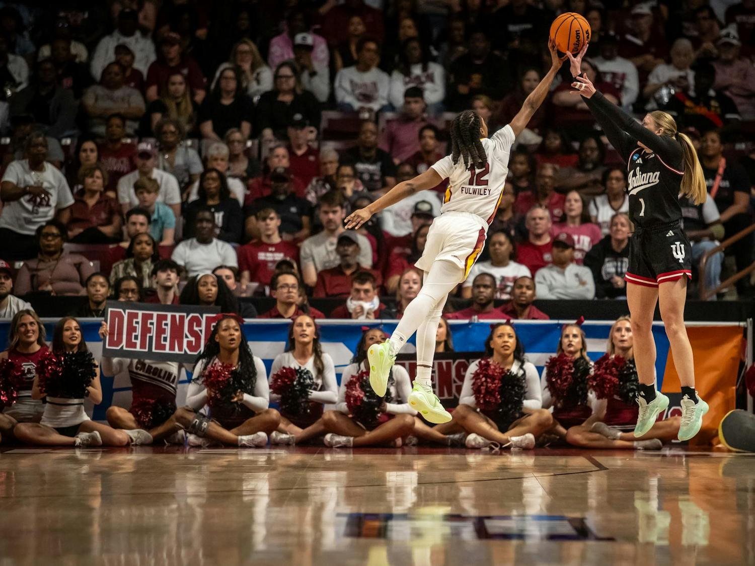 Sophomore guard MiLaysia Fulwiley blocks a shot from an Indiana player in the second round of the NCAA March Madness tournament on March 23, 2025. The Gamecocks had seven blocks on the Indiana offense.
