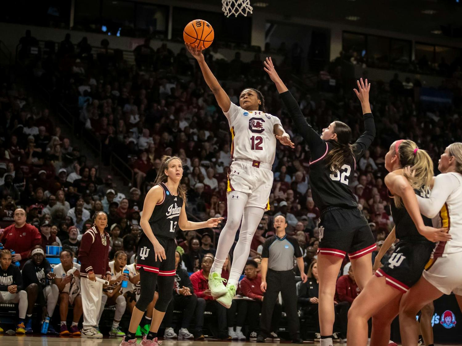 Sophomore guard MiLaysia Fulwiley goes up for a layup against Indiana defenders on March 23, 2025. Fulwiley played nine minutes off the bench for the Gamecocks.