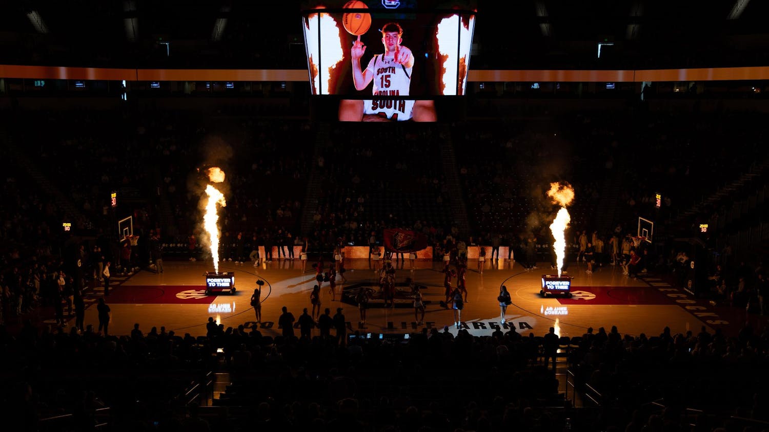 Pyrotechnics fire off during the pre-game show at the game against Charleston Southern on Nov. 28, 2025. The preceding Skechers Greenbrier Tip-Off tournament saw back-to-back losses for the Gamecocks.