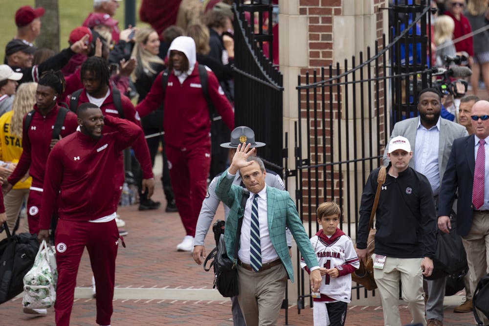 <p>FILE - Head coach Shane Beamer waves to fans during the Gamecock Walk on Sept. 29, 2022. The University of South Carolina defeated the South Carolina State Bulldogs 50-10 at Williams-Brice Stadium.&nbsp;</p>