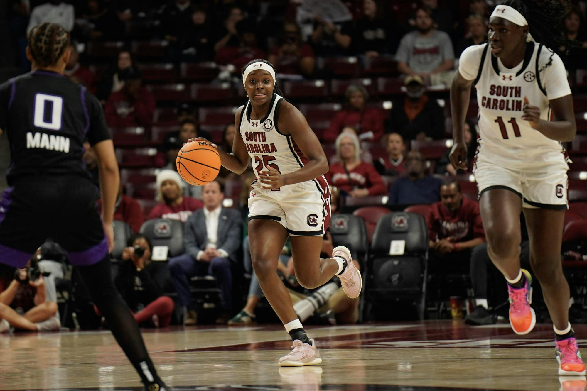 Senior guard Raven Johnson moves the ball up the court during South Carolina's match against Grand Canyon University at Colonial Life Arena on Nov. 3, 2025. Johnson was selected into the All SEC 2nd team in 2024.