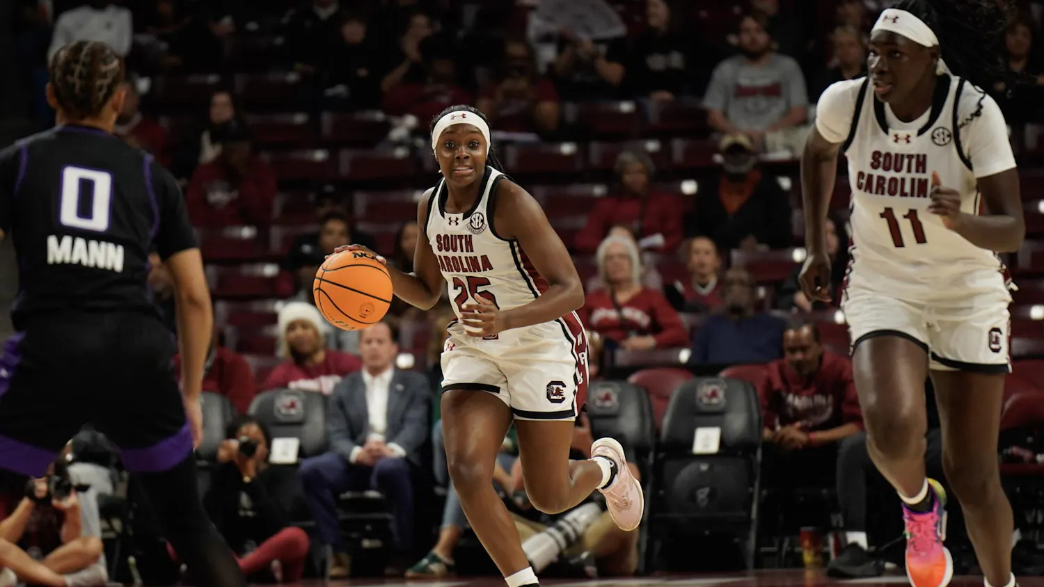Senior guard Raven Johnson moves the ball up the court during South Carolina's match against Grand Canyon University at Colonial Life Arena on Nov. 3, 2025. Johnson was selected into the All SEC 2nd team in 2024.