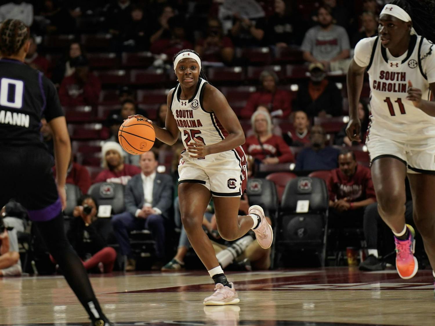 Senior guard Raven Johnson moves the ball up the court during South Carolina's match against Grand Canyon University at Colonial Life Arena on Nov. 3, 2025. Johnson was selected into the All SEC 2nd team in 2024.