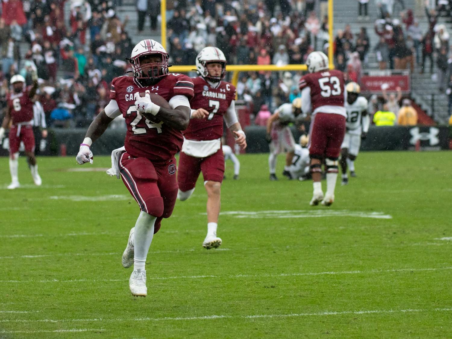 Redshirt senior running back Mario Anderson sprints to the end zone, scoring a touchdown for the Gamecocks on Nov. 11, 2023. It was Anderson's third touchdown of the season.