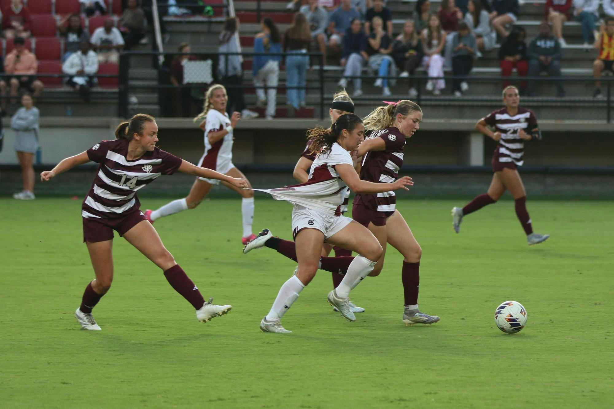Freshman forward Mackenzie Johnson dribbles through an aggressive defense against Texas A&amp;M at Eugene E. Stone III Stadium on Oct. 19, 2025. The Gamecocks finished with a total of 11 shot attempts against the Aggies.&nbsp;