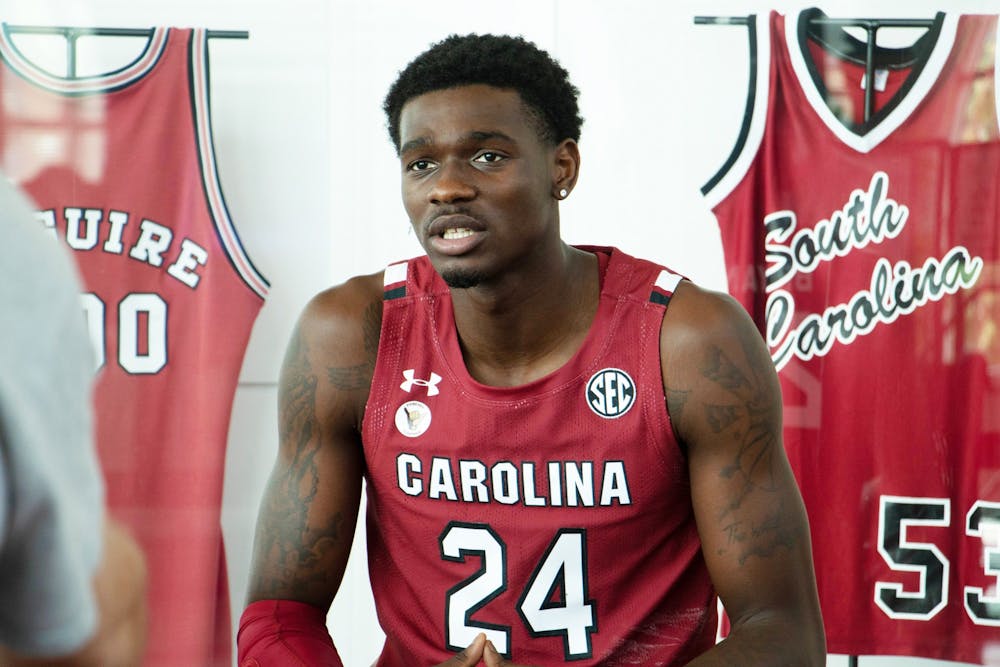 <p>Senior forward Keyshawn Bryant speaks to the press during the team's media day on Oct. 14, 2021.</p>