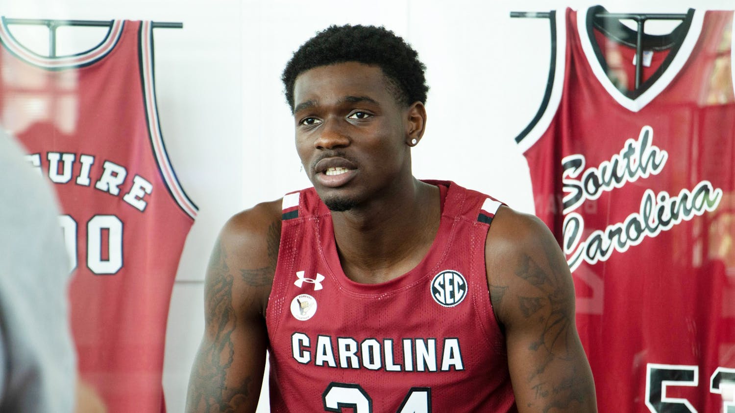 Senior forward Keyshawn Bryant speaks to the press during the team's media day on Oct. 14, 2021.