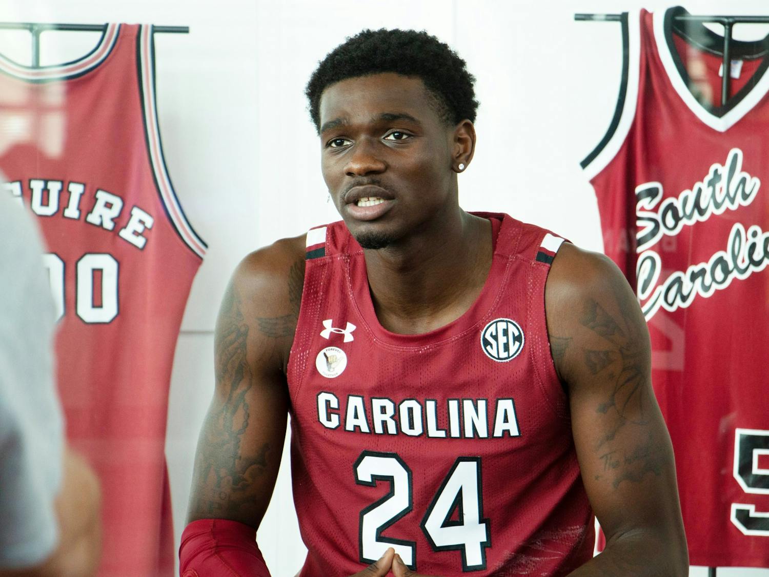 Senior forward Keyshawn Bryant speaks to the press during the team's media day on Oct. 14, 2021.