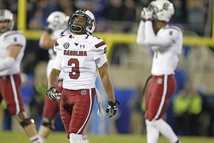 South Carolina wide receiver Nick Jones (3) walks off the field after a Kentucky interception to clinch the win in the fourth quarter at Commonwealth Stadium in Lexington, Ky., on Saturday, Oct. 4, 2014. Kentucky won, 45-38. (Gerry Melendez/The State/MCT)