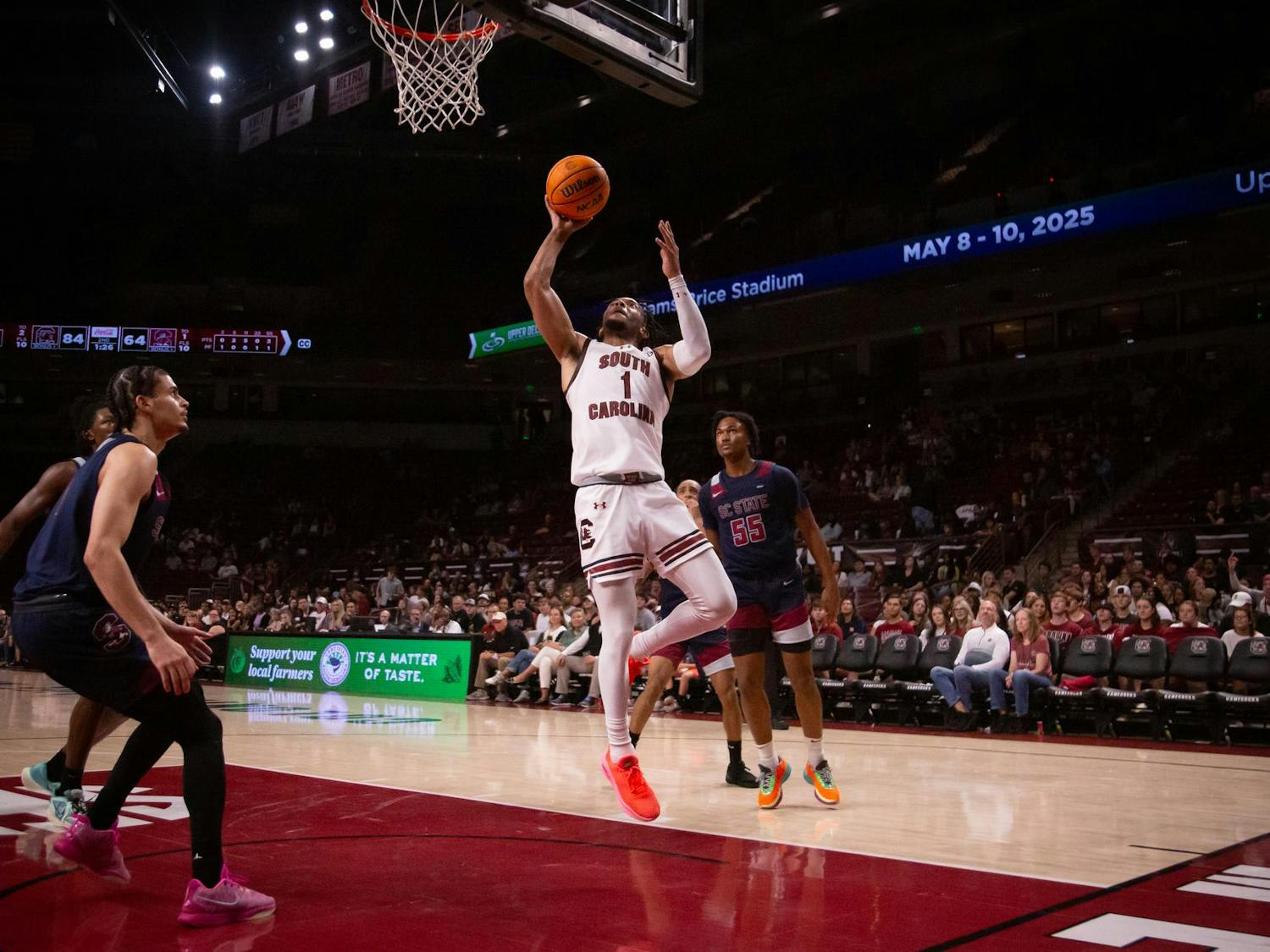 Senior guard Jacobi Wright goes up for a layup against South Carolina State University on Nov 8, 2024 at Colonial Life Arena. Wright was crucial for the Gamecocks, scoring 20 points.