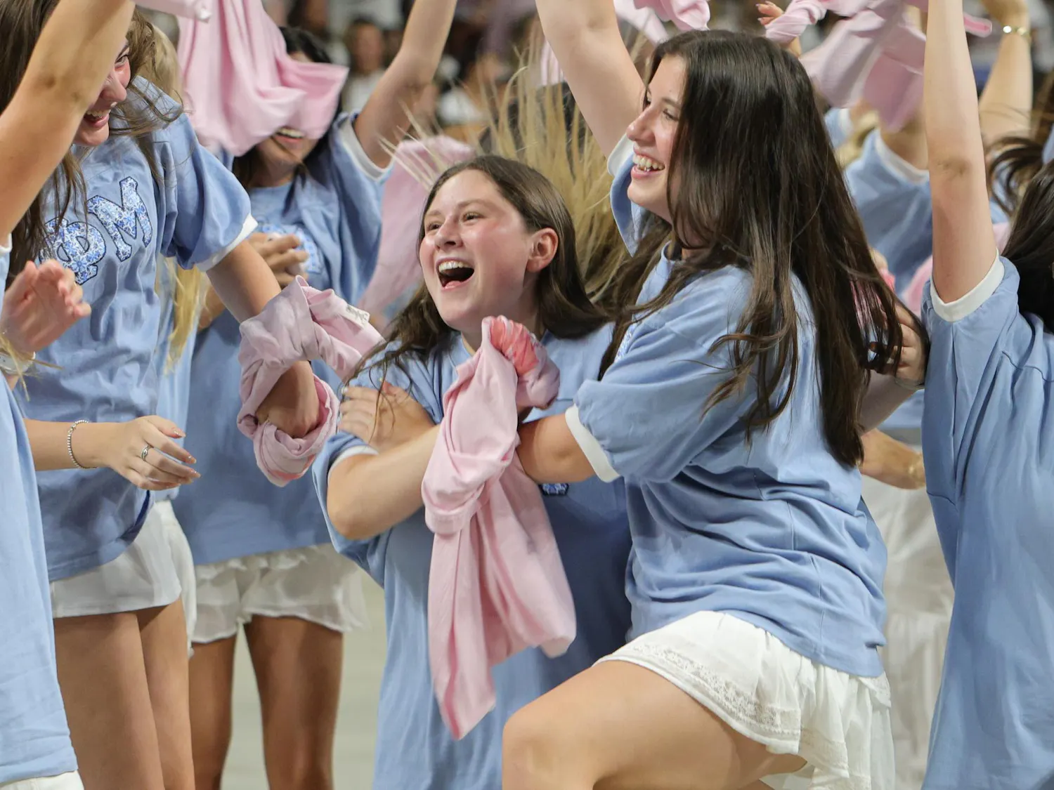 Phi Mu members who served as Pi Chis return to their sorority during Bid Day on Aug. 16, 2026, at Colonial Life Arena. The Pi Chis spent recruitment helping potential new members before returning to their own sororities.