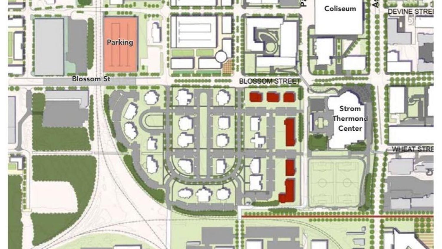 A master plan outlining the proposed location for new Greek Village houses. In order to bring more fraternities and soroites into Greek Village, USC is hoping to expand build new houses onto the Strom Thurmond Wellness and Fitness Center's recreational fields.