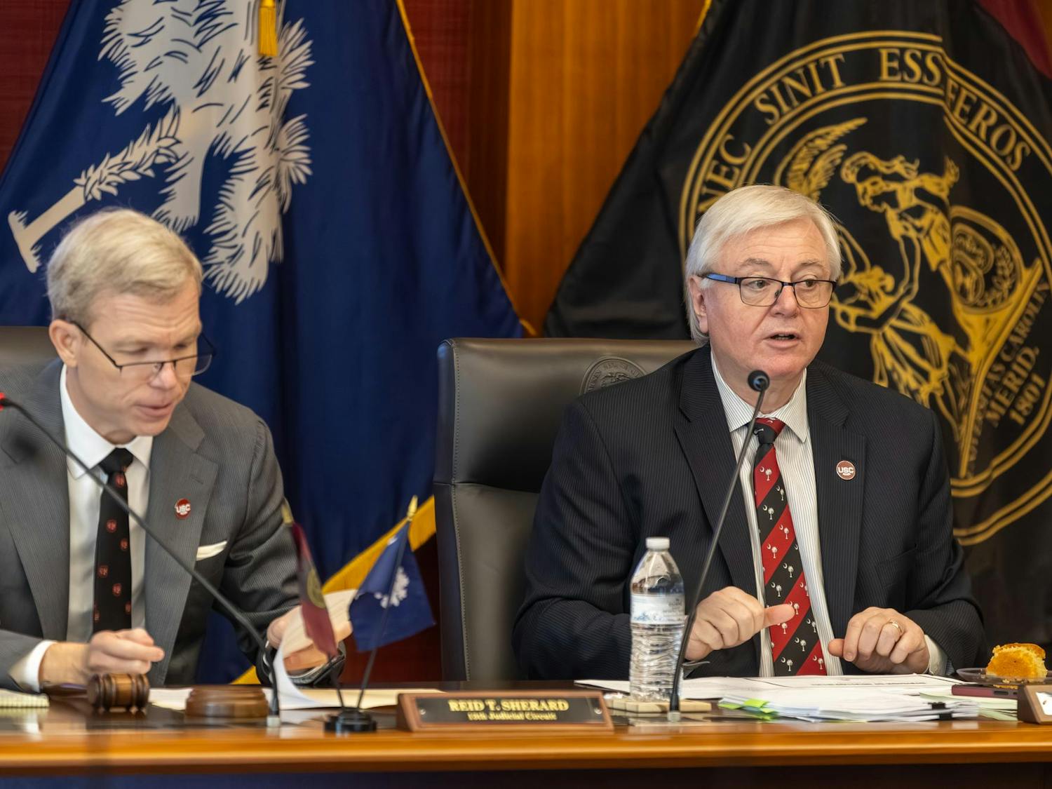 Board member Reid Sherard and USC President Michael Amiridis during the board of trustees meeting on Feb. 20, 2026. The meeting reviewed the proposed budgets for USC's sister campuses and development on a brain health initiative.