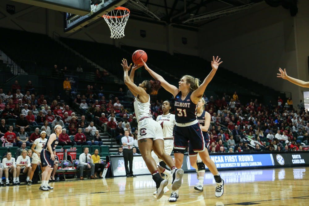 Junior Te'a Cooper shoots the ball during the first round of the women's NCAA tournament against the Belmont Bruins at the Halton Arena in Charlotte, Friday.
