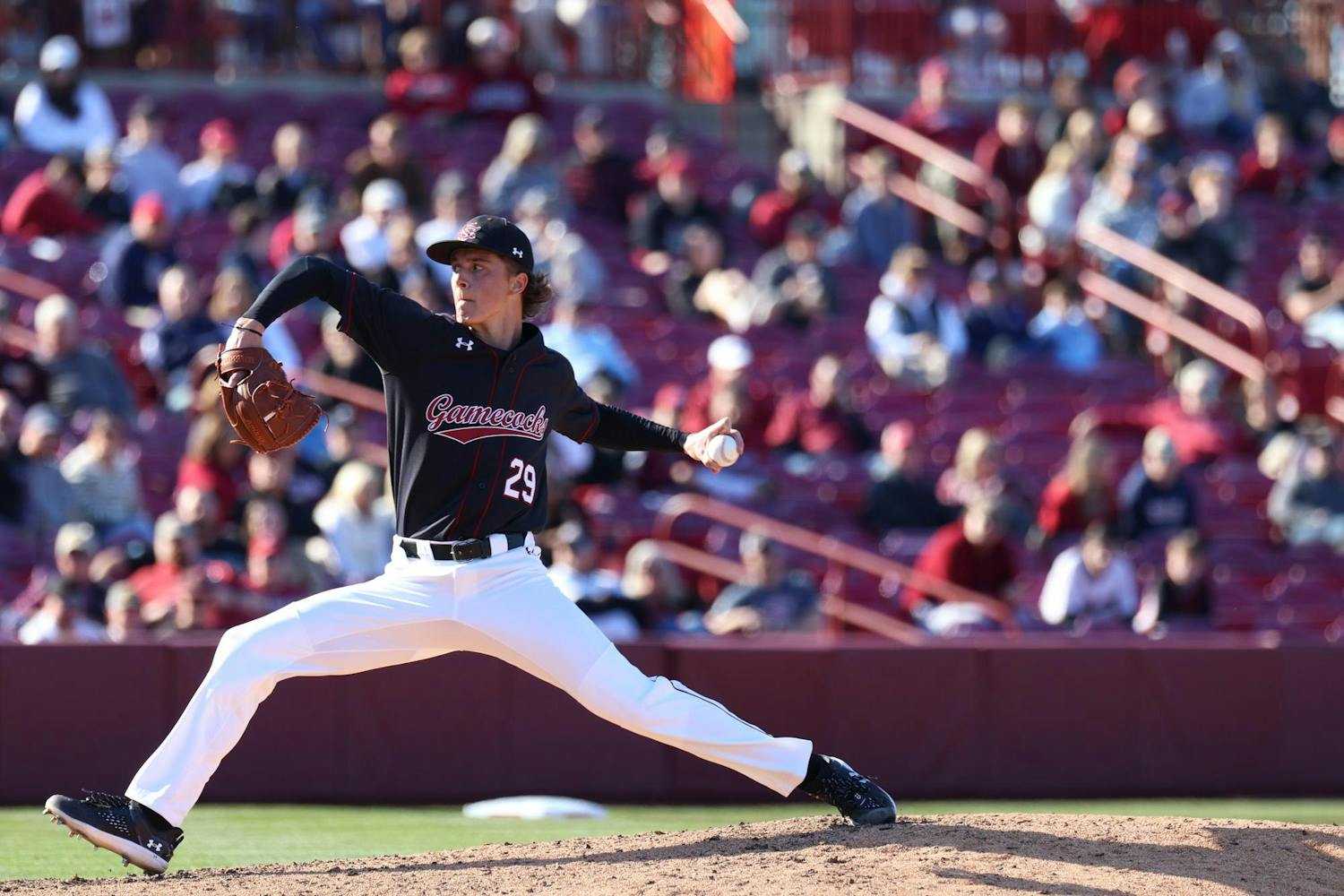 Junior pitcher Matthew Becker throws the ball during South Carolina's game against Belmont at Founders Park on Feb. 25, 2024. Becker had two hits allowed during the Gamecocks' 12-1 win against the Bruins.