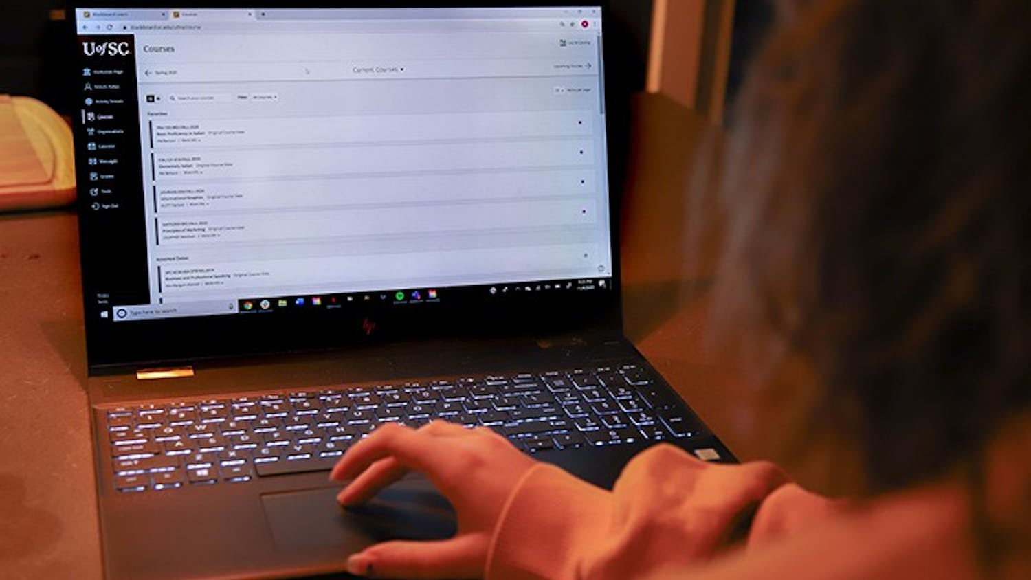 A student uses Blackboard on a laptop. Blackboard is one of the ways teachers share course information, assignments and tests, and sometimes classes are held using Blackboard Collaborate.