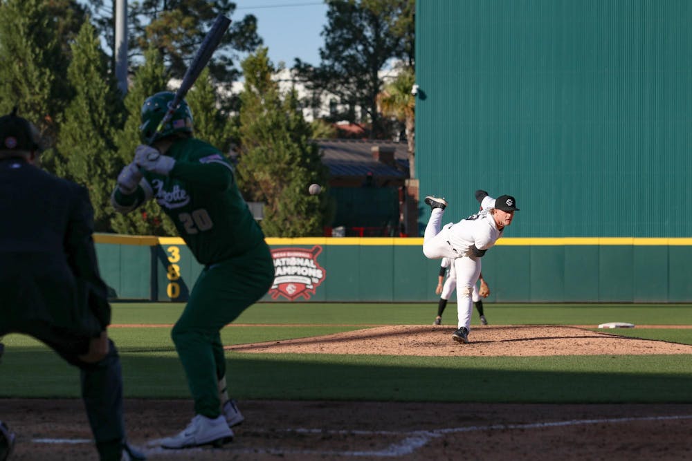 <p>Redshirt freshman right-handed pitcher Riley Goodman pitches a baseball against Charlotte on March 17, 2026, at Founders Park. Goodman faced six batters and threw 25 pitches during the game.</p>
