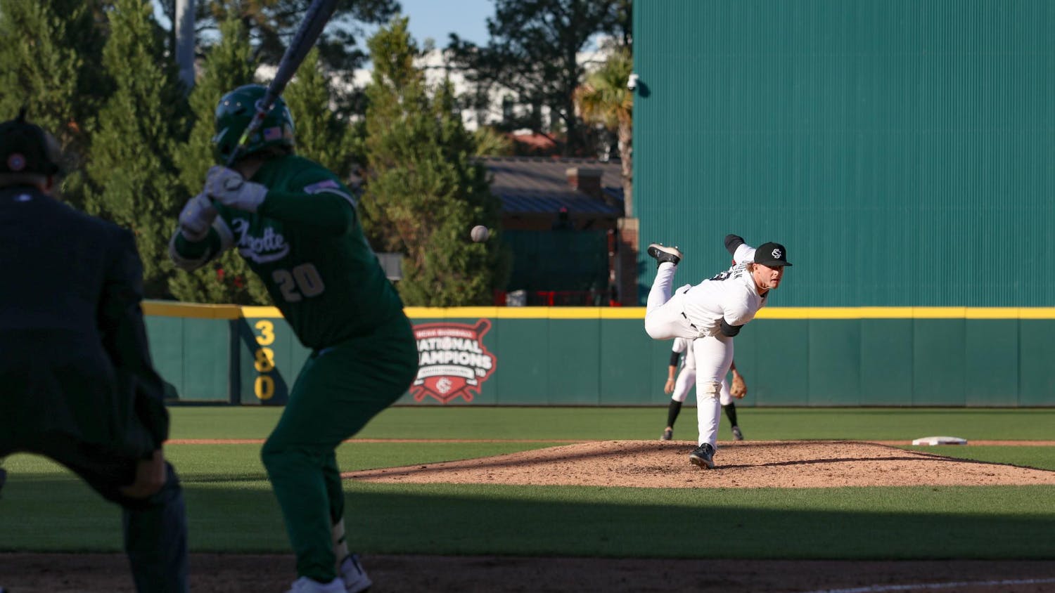 Redshirt freshman right-handed pitcher Riley Goodman pitches a baseball against Charlotte on March 17, 2026, at Founders Park. Goodman faced six batters and threw 25 pitches during the game.