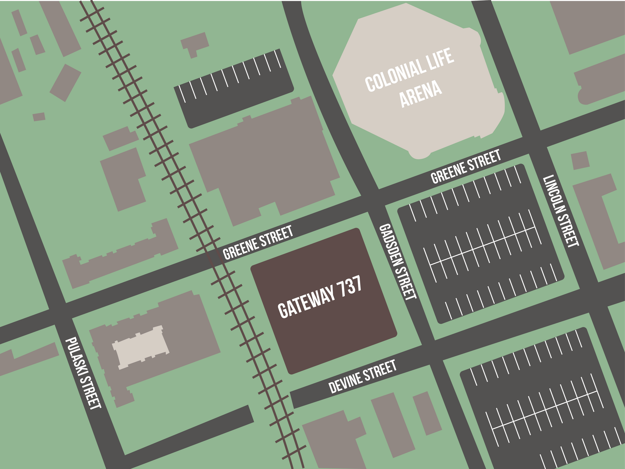 An illustrated map of where Gateway 737 in relation to roads and landmarks.