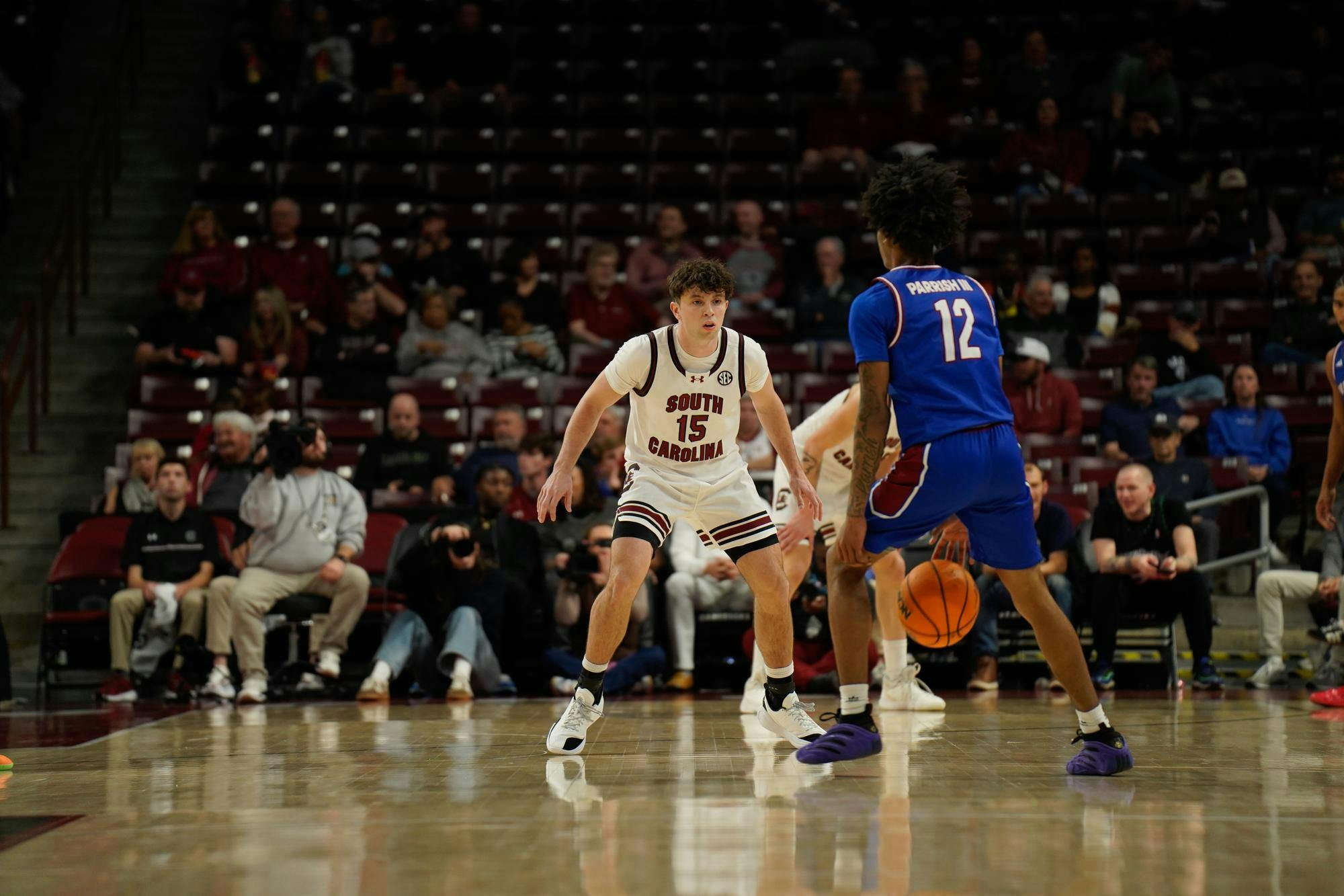 Freshman guard Eli Ellis defends a Presbyterian College player in the Gamecocks' game against Presbyterian College at Colonial Life Arena on Nov. 12, 2025. Ellis had a team-high five assists in this game.