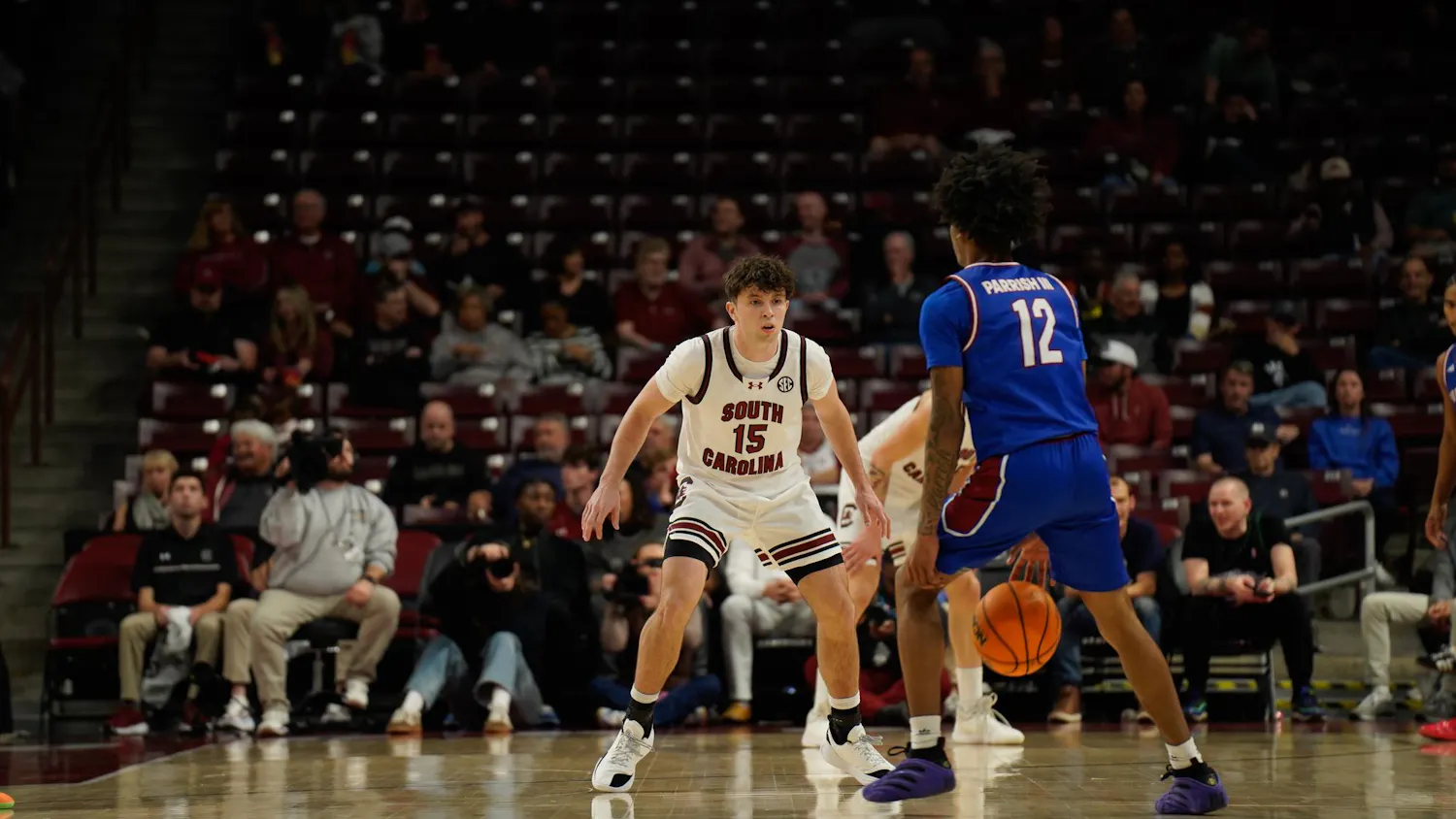 Freshman guard Eli Ellis defends a Presbyterian College player in the Gamecocks' game against Presbyterian College at Colonial Life Arena on Nov. 12, 2025. Ellis had a team-high five assists in this game.