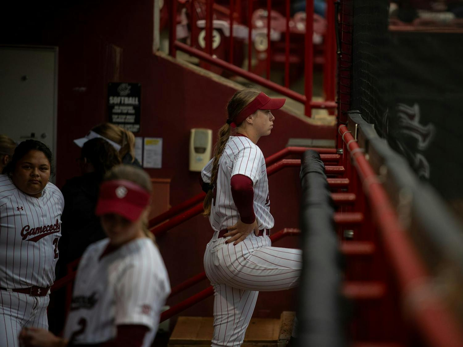 Senior infielder Brooke Blankenship looks out at the field before the game against Miami Ohio on Feb. 15, 2025 at Beckham Field. Blankenship had a season high in assists and putouts, with three assists and two putouts.