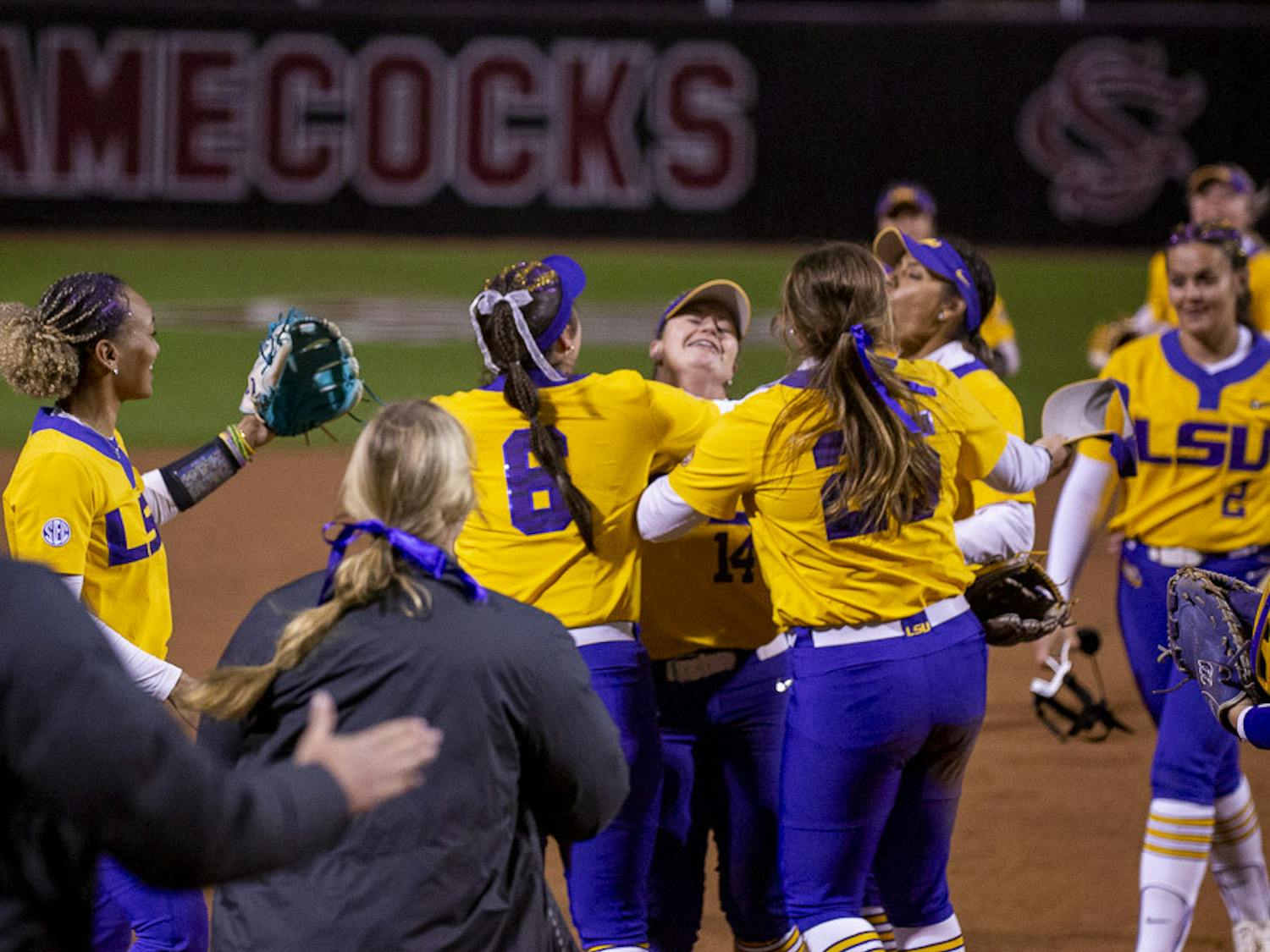 LSU celebrates after junior infielder Karli Petty makes a double play against South Carolina's offense during the second match of the doubleheader at Beckham Field on March 13, 2023. The Tigers beat the Gamecocks 5-1.