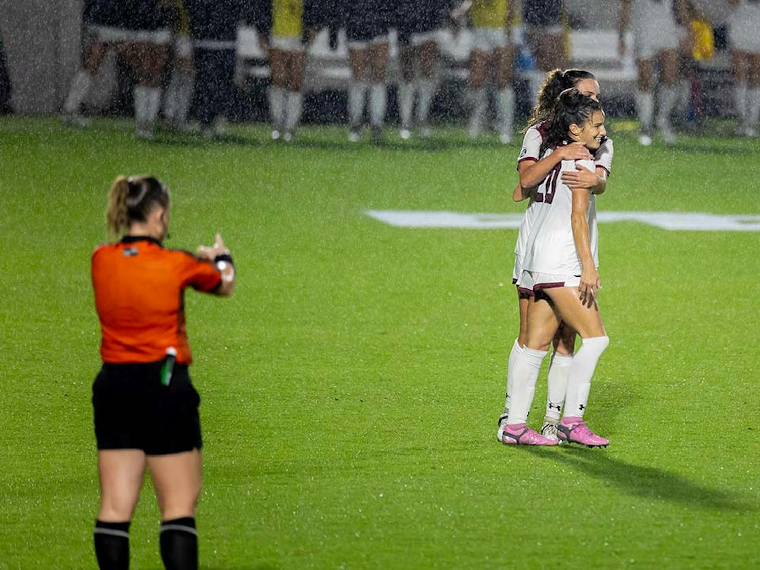 Junior forward Corinna Zullo celebrates South Carolina's 2-0 win over Wake Forest in the first round of the NCAA Tournament at Stone Stadium on Nov. 12, 2022.&nbsp;