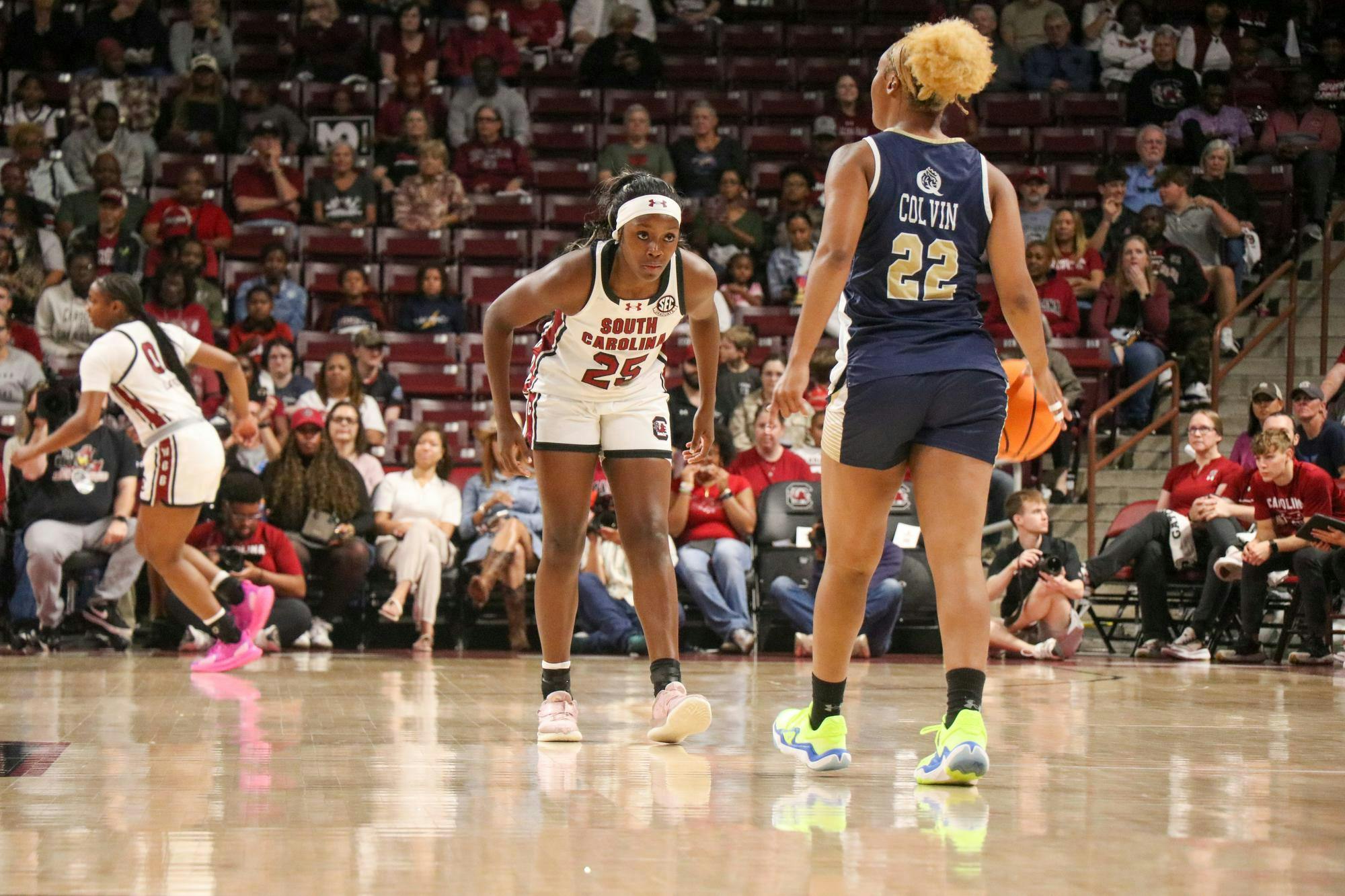 Senior guard Raven Johnson defends against a Queens University of Charlotte player at Colonial Life Arena on Nov. 23, 2025. The Gamecocks defeated the Royals 121-49.&nbsp;
