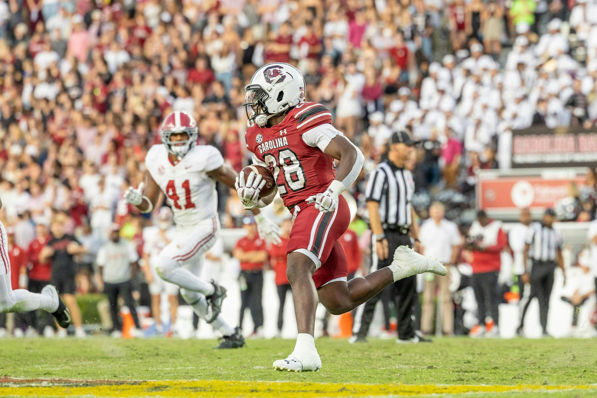 Redshirt freshman running back Matt Fuller carries the ball during a game against Alabama on Oct. 25, 2025, at Williams-Brice Stadium. Fuller rushed for 19 yards on 12 attempts against the Crimson Tide.