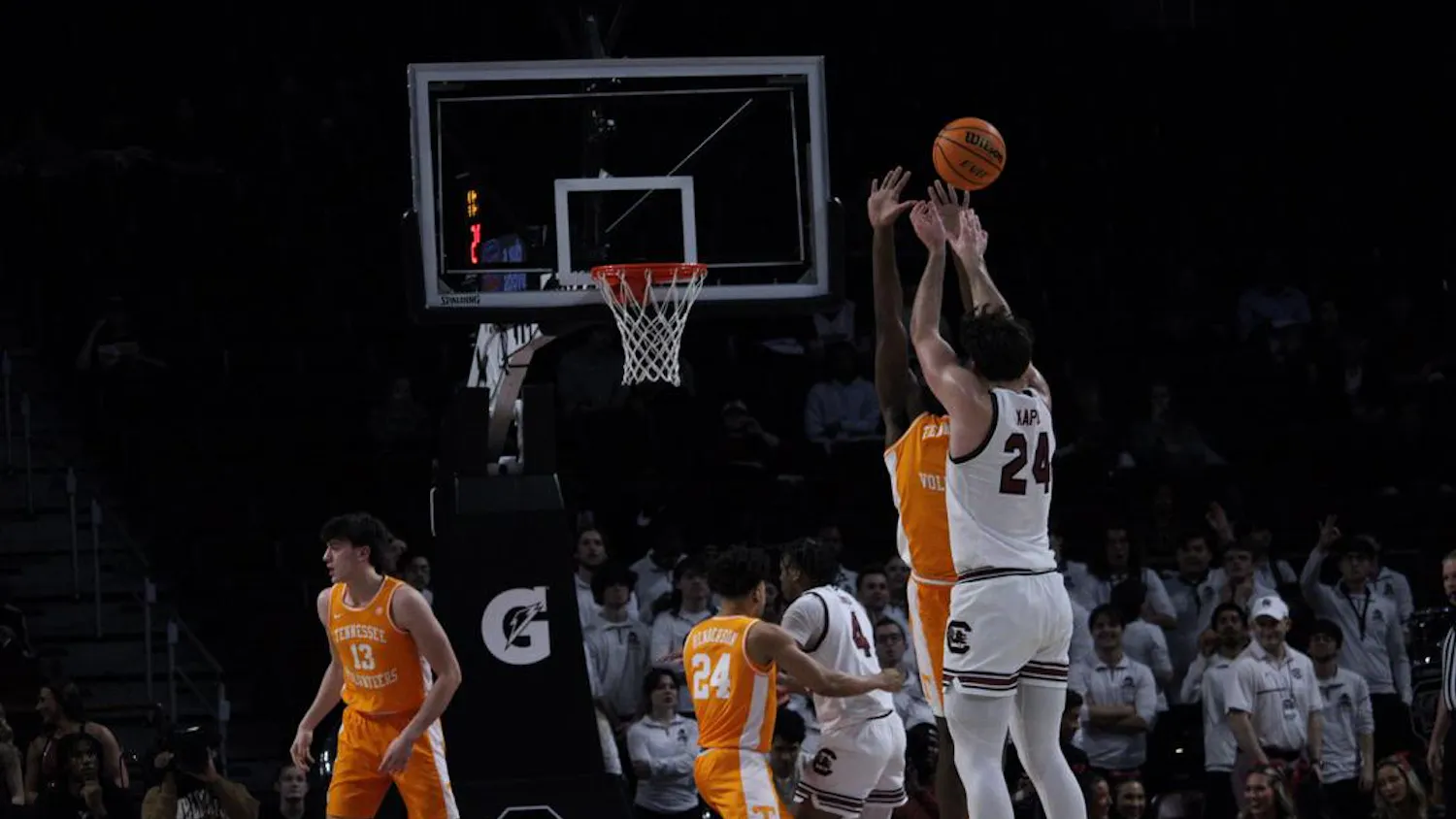 Senior forward Nordin Kapic shoots for 2 points at Colonial Life Arena on March 3, 2026. The Gamecocks went on to lose 78-59 to the Tennessee Volunteers.
