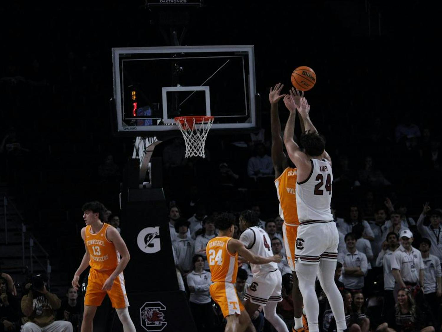 Senior forward Nordin Kapic shoots for 2 points at Colonial Life Arena on March 3, 2026. The Gamecocks went on to lose 78-59 to the Tennessee Volunteers.