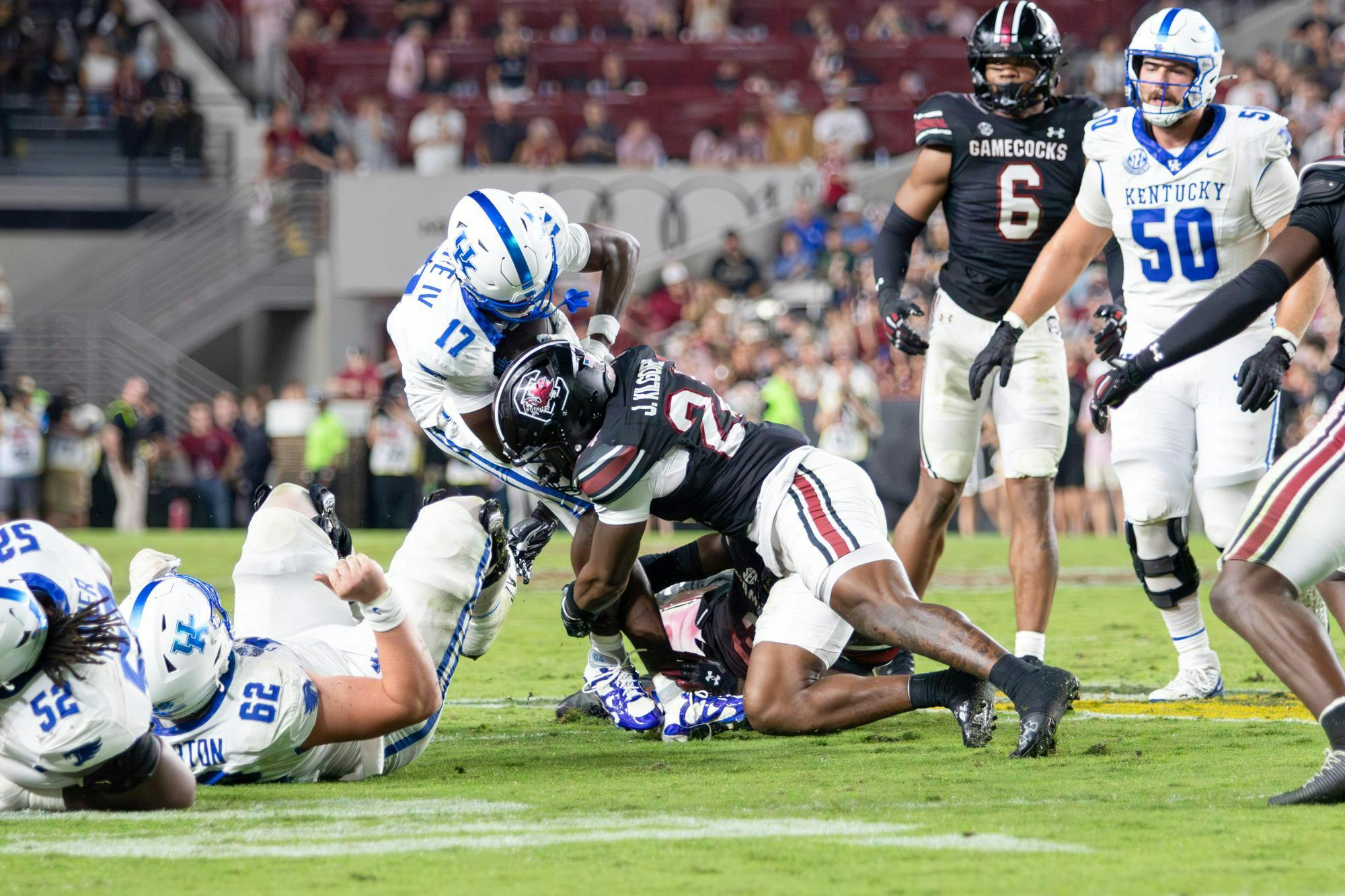 FILE — Junior defensive back Jalon Kilgore tackles a Kentucky player during a game at Williams-Brice Stadium on Sept. 27, 2025. The Gamecocks’ defense finished with 62 total tackles against the Wildcats.