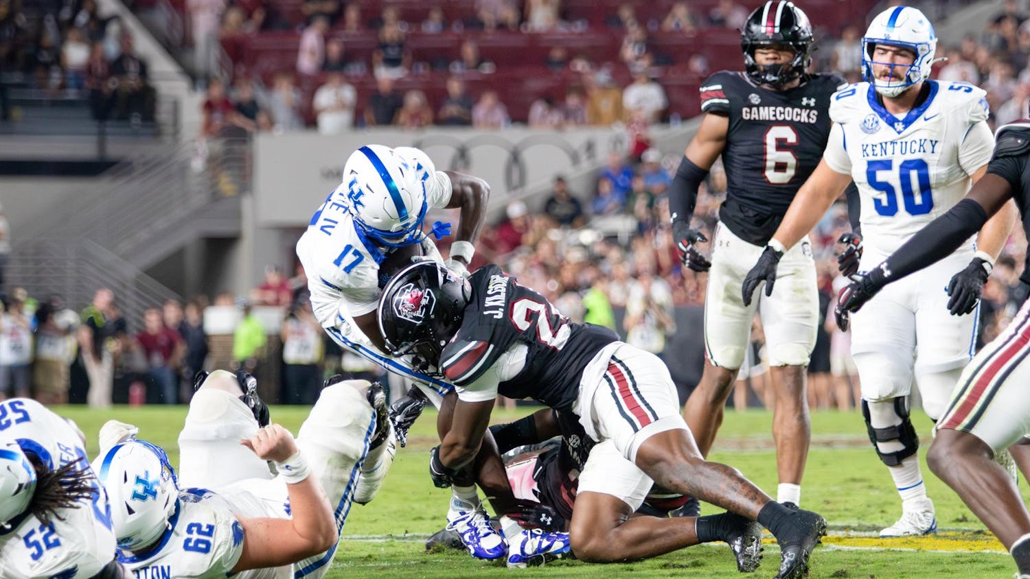 FILE — Junior defensive back Jalon Kilgore tackles a Kentucky player during a game at Williams-Brice Stadium on Sept. 27, 2025. The Gamecocks’ defense finished with 62 total tackles against the Wildcats.