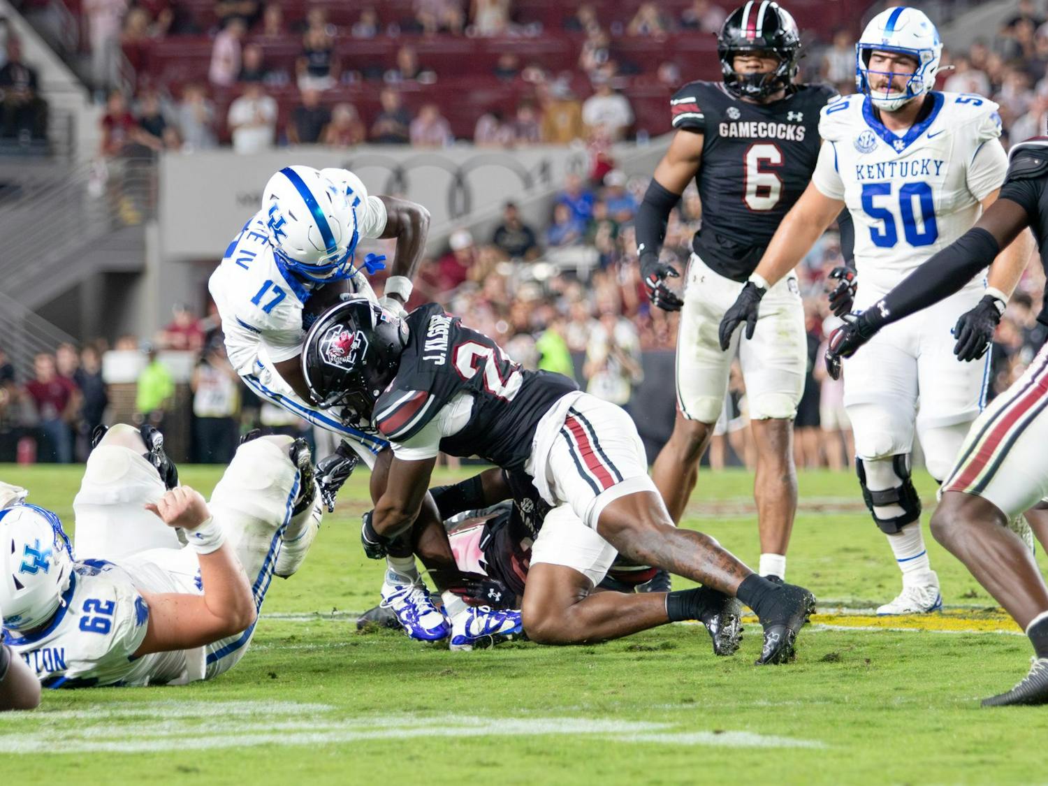 FILE — Junior defensive back Jalon Kilgore tackles a Kentucky player during a game at Williams-Brice Stadium on Sept. 27, 2025. The Gamecocks’ defense finished with 62 total tackles against the Wildcats.