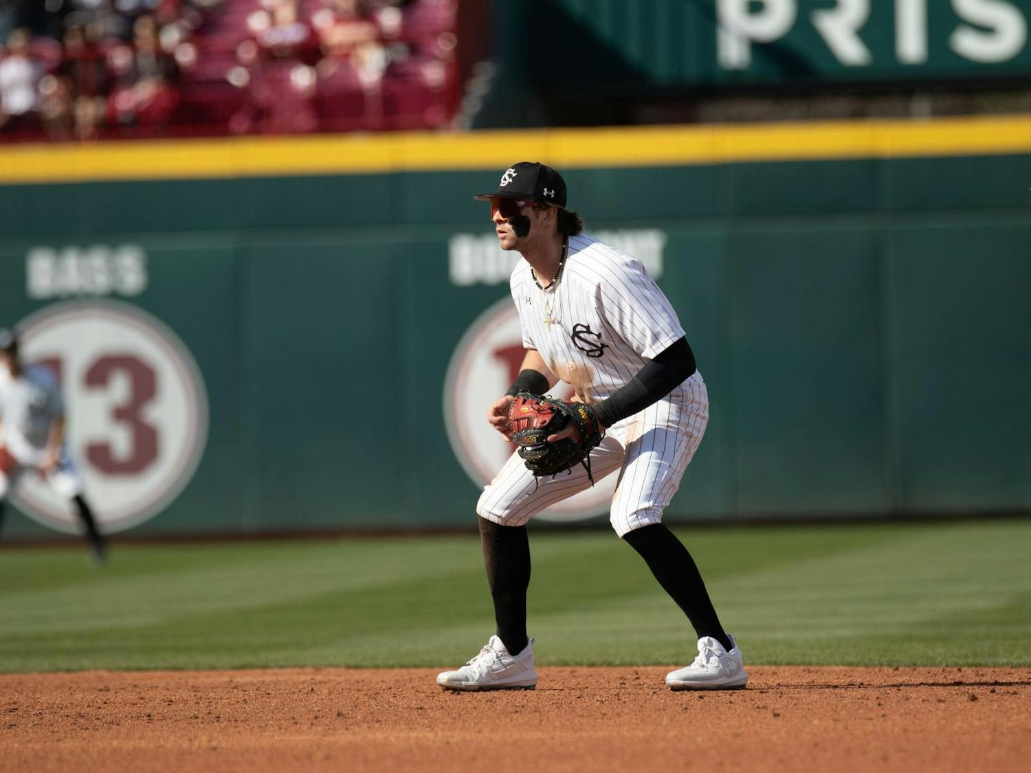 Sophomore infielder Will Tippett stands ready at shortstop during South Carolina's game against Belmont on Feb. 24, 2024. Tippett had one hit in the Gamecocks' 11-2 loss to the Bruins.