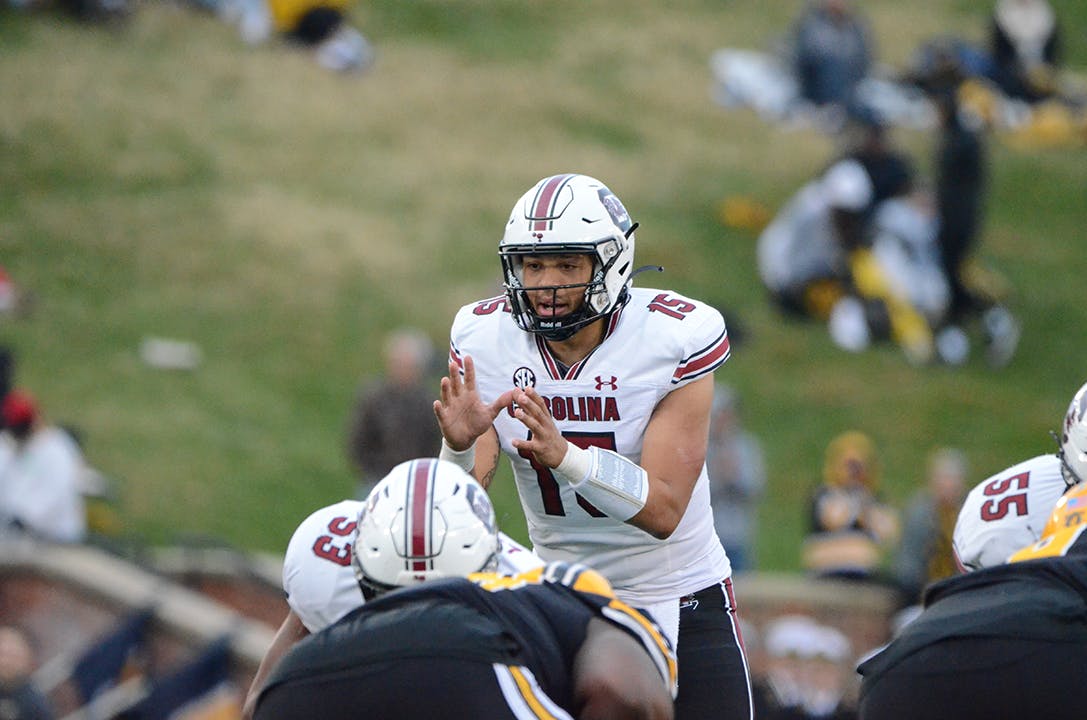 Redshirt senior quarterback Jason Brown waits to receive the snap. The Gamecocks lost 28-31 against Missouri on Nov. 13, 2021.