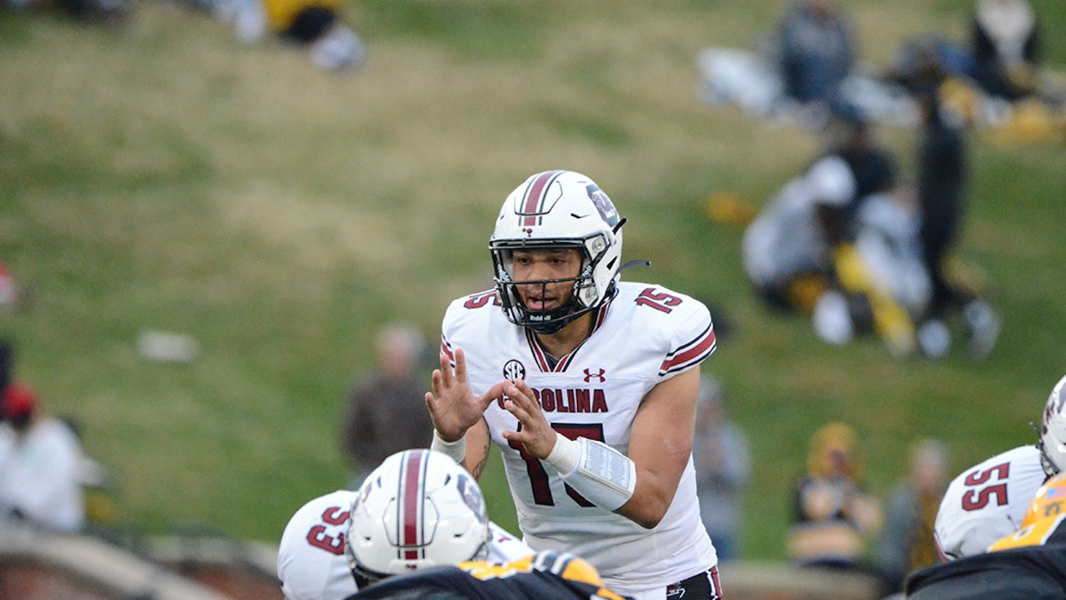Redshirt senior quarterback Jason Brown waits to receive the snap. The Gamecocks lost 28-31 against Missouri on Nov. 13, 2021.