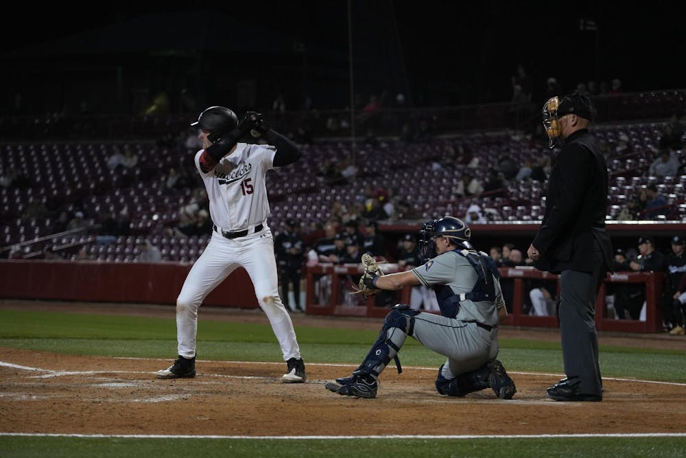<p>Sophomore first baseman Beau Hollins gets ready to bat against Queens University at&nbsp;Founders Park&nbsp;on Feb. 25, 2026. Hollins had four at-bats and four putouts.</p>