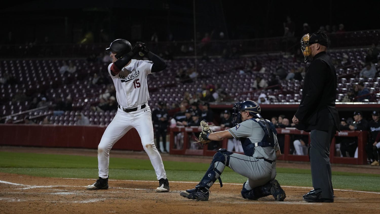 Sophomore first baseman Beau Hollins gets ready to bat against Queens University at Founders Park on Feb. 25, 2026. Hollins had four at-bats and four putouts.