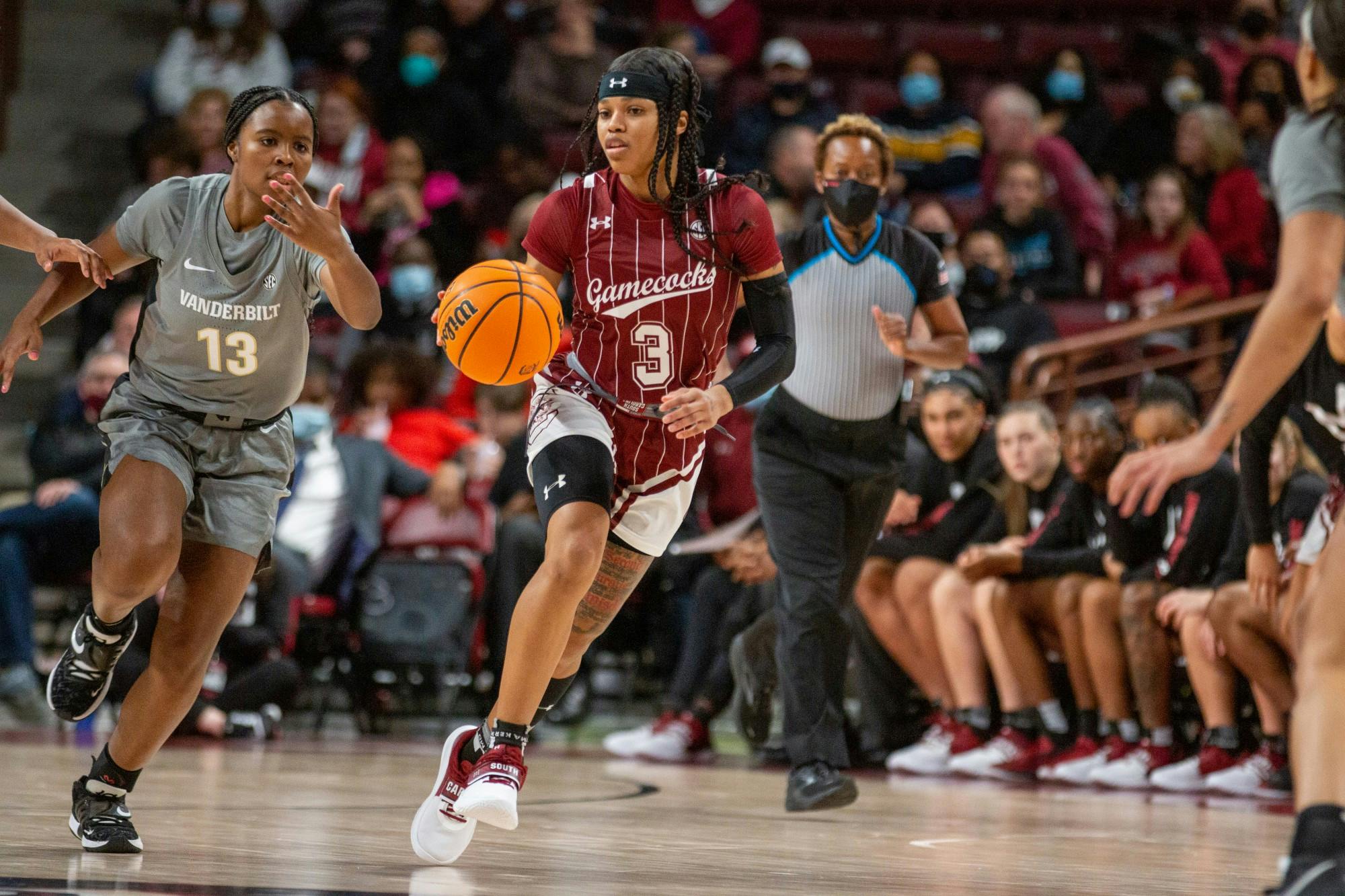 Senior Guard Destanni Henderson rushes the ball down the court against Vanderbilt on January 24, 2022 in Columbia, SC. The Gamecocks dominated both halves, defeating Vanderbilt 85-30. 