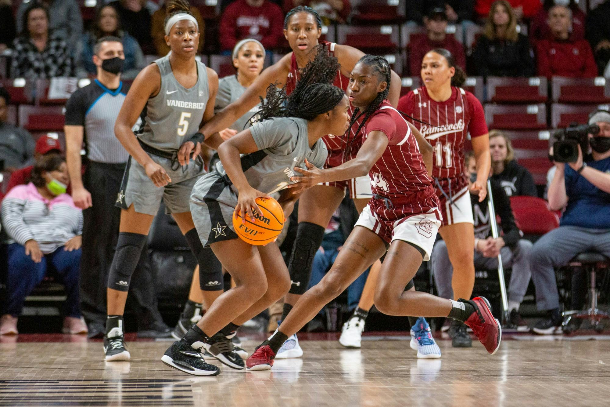 Freshman Guard Saniya Rivers plays defense against the Commodores on January 24, 2022 in Columbia, SC. The Gamecocks dominated both halves, defeating Vanderbilt 85-30. 