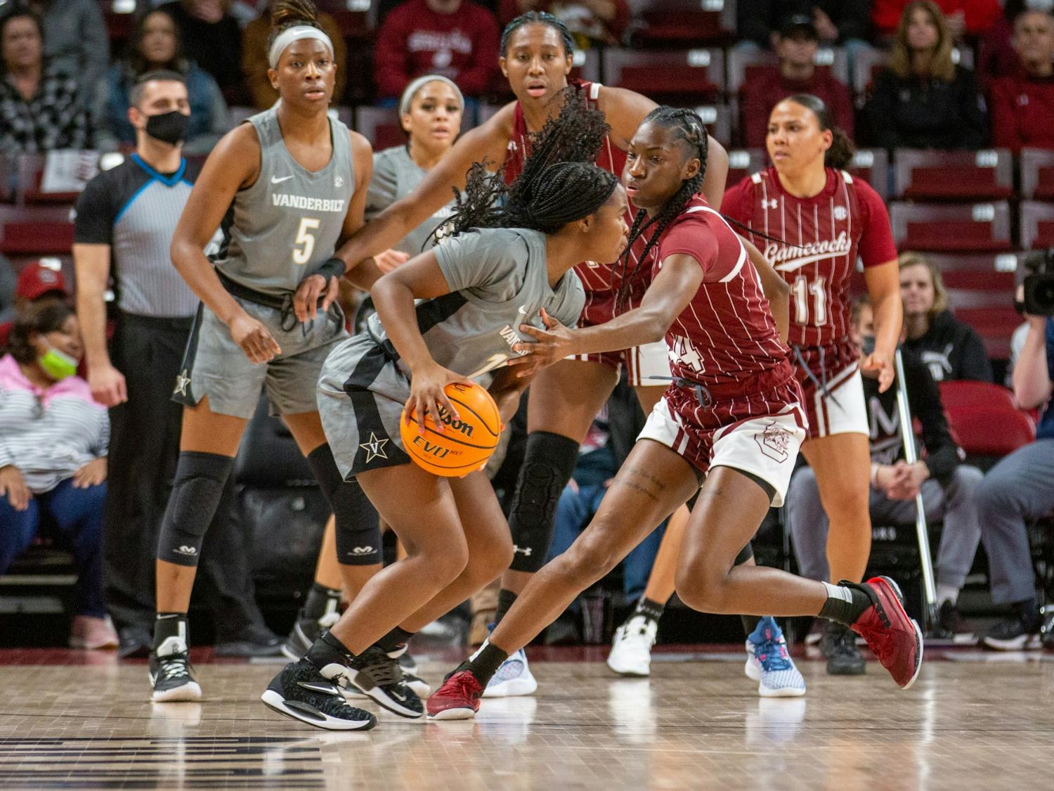 Freshman Guard Saniya Rivers plays defense against the Commodores on January 24, 2022 in Columbia, SC. The Gamecocks dominated both halves, defeating Vanderbilt 85-30. 