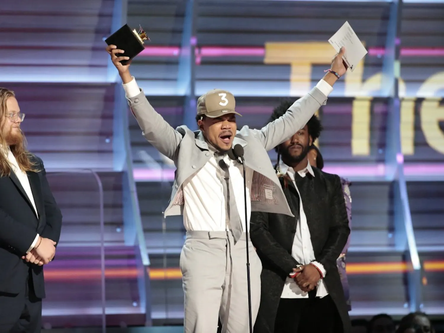 Chance the Rapper on stage during the 59th Annual Grammy Awards at Staples Center in Los Angeles on Sunday, Feb. 12, 2017. (Robert Gauthier/Los Angeles Times/TNS)