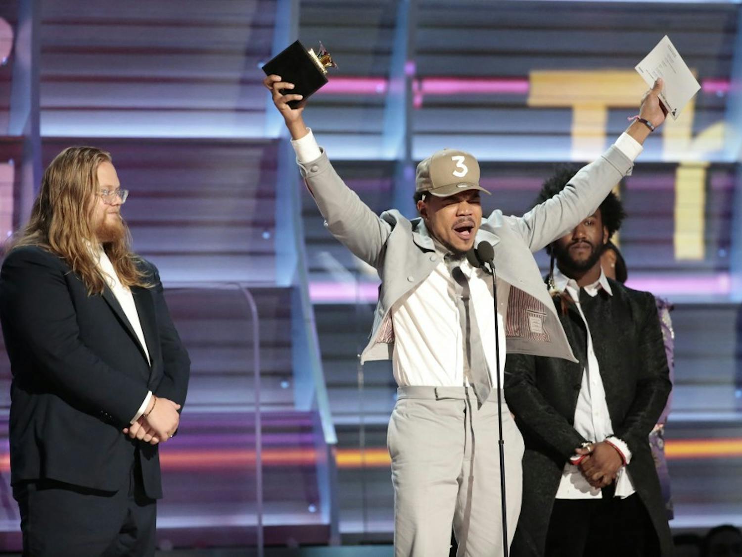 Chance the Rapper on stage during the 59th Annual Grammy Awards at Staples Center in Los Angeles on Sunday, Feb. 12, 2017. (Robert Gauthier/Los Angeles Times/TNS)